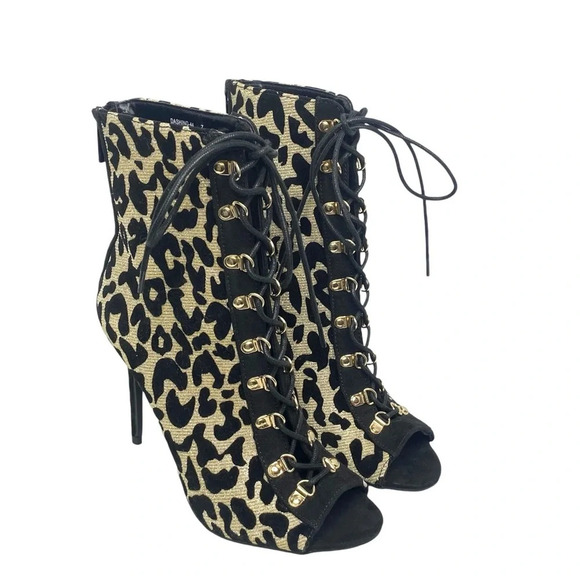 Anne Michelle Metallic Gold & Black Stiletto Heel Ankle Booties Lace Up Peep Toe - Picture 2 of 14